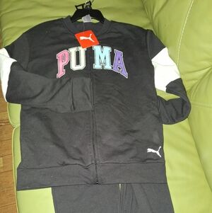 Puma Black Zip Front Tracksuit with Side Pockets and Multicolor Logo sz 12-14